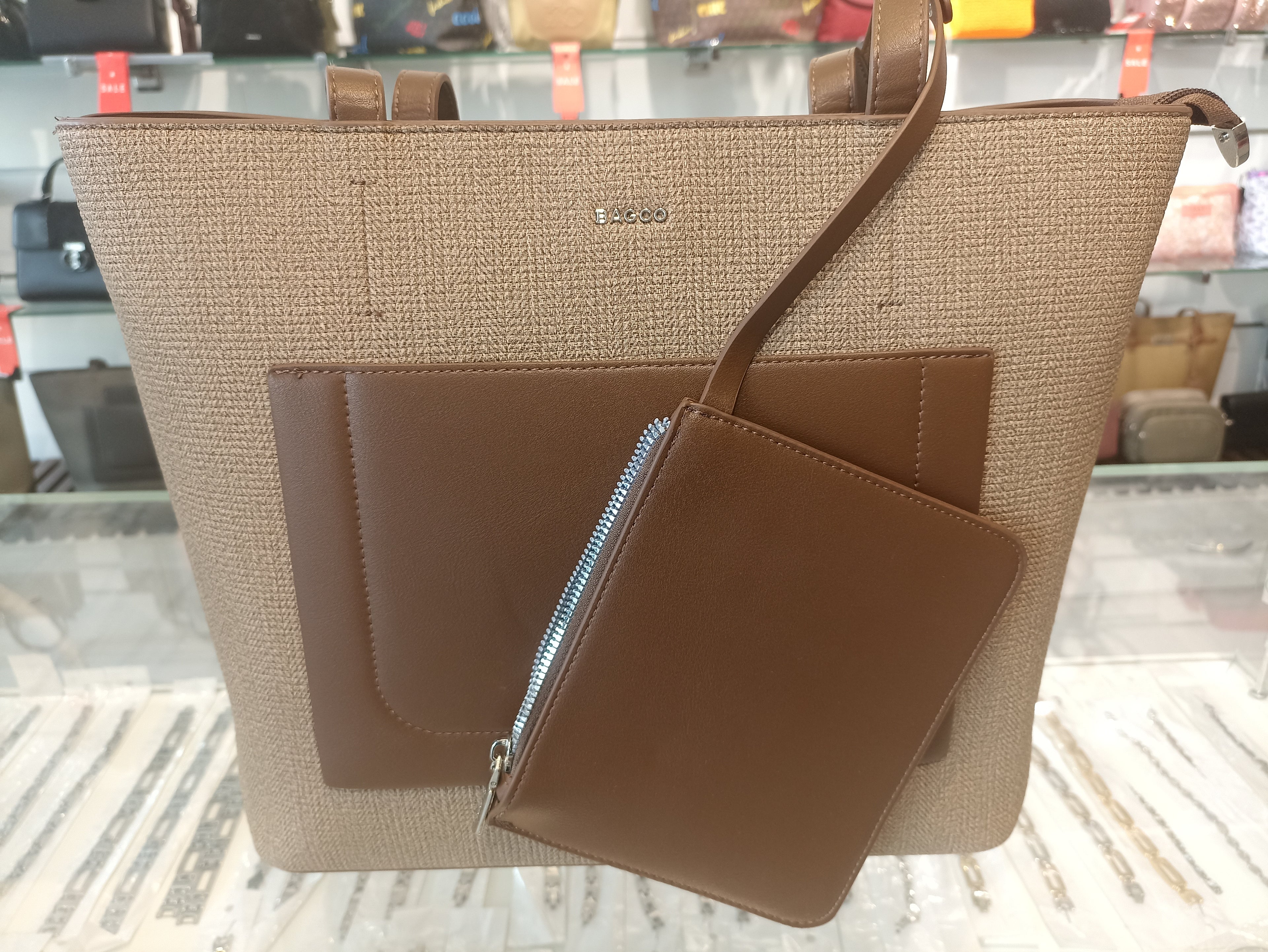 Beige and Brown Tote Bag with Small( BAGCO )