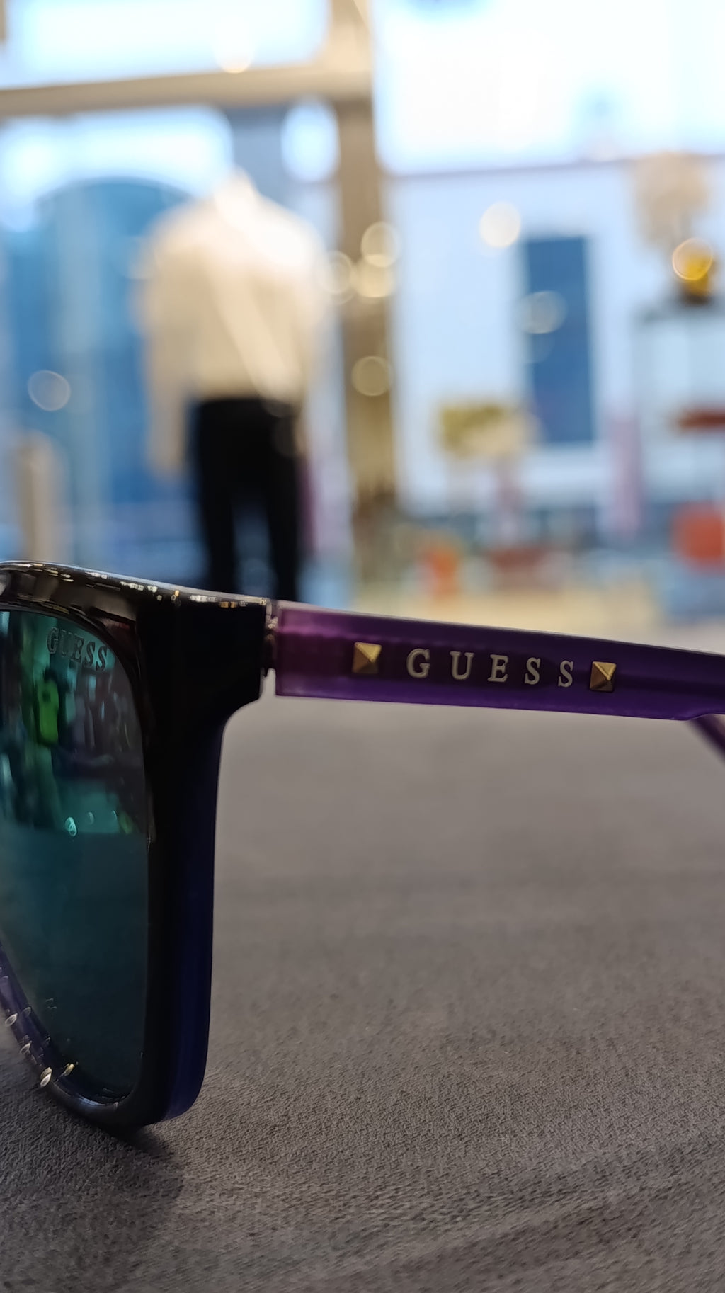 GUESS Square Sunglasses with Purple Temples and Blue Lenses