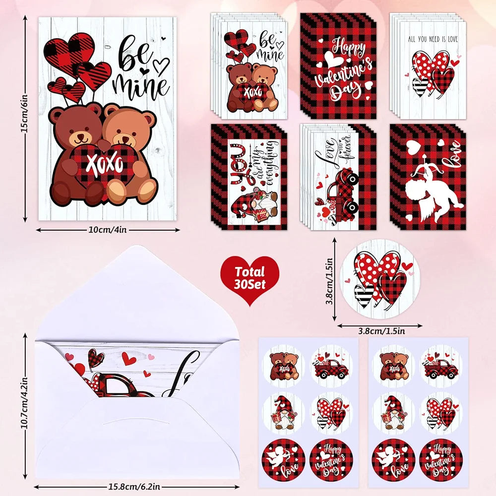Whaline 30 Pack Valentine's Day Cards Kit - Red Black Plaid Greeting Cards - (WH6422)