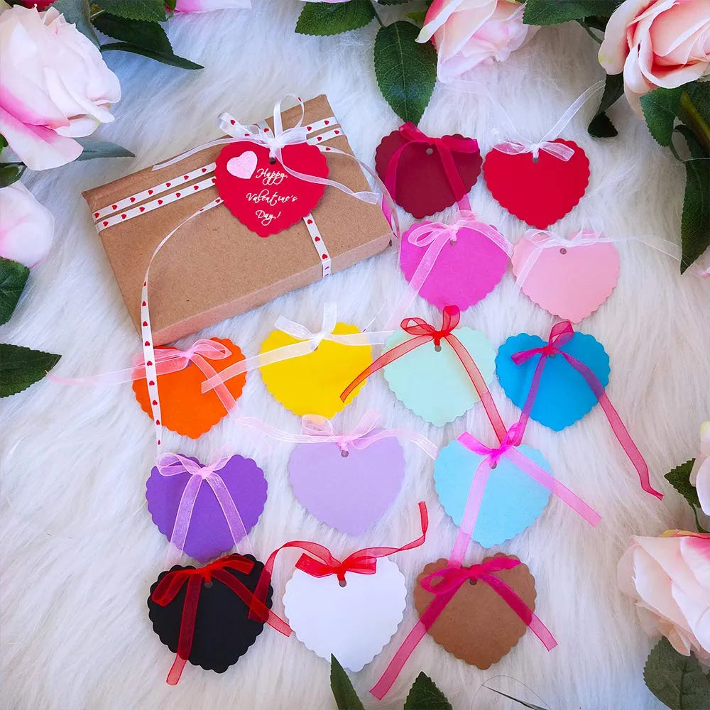 Supla 120 Pcs 15 Colors Valentine's Day Wavy Heart Cut Out Gift Tags with Hole Favor Tags Blank Paper Hang Tags Treats Tags Hang Tags Hang Label Cards Wish Tree Tags and Organza Ribbons Bakers Twine