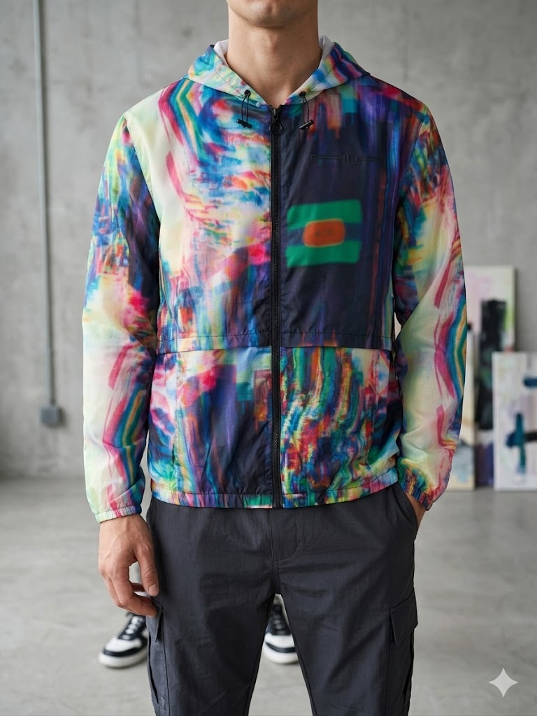 FILA Men's Multi-Color Abstract Print Windbreaker Hoodie Jacket - (LM119139-361)
