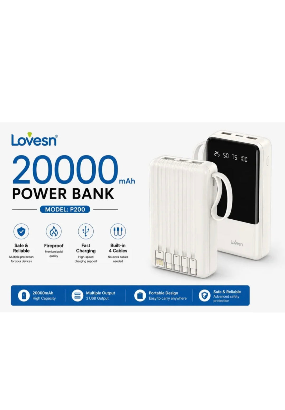 Lovesn P200 20000mAh Power Bank, a portable charger featuring an LED battery percentage display and four built-in charging cables