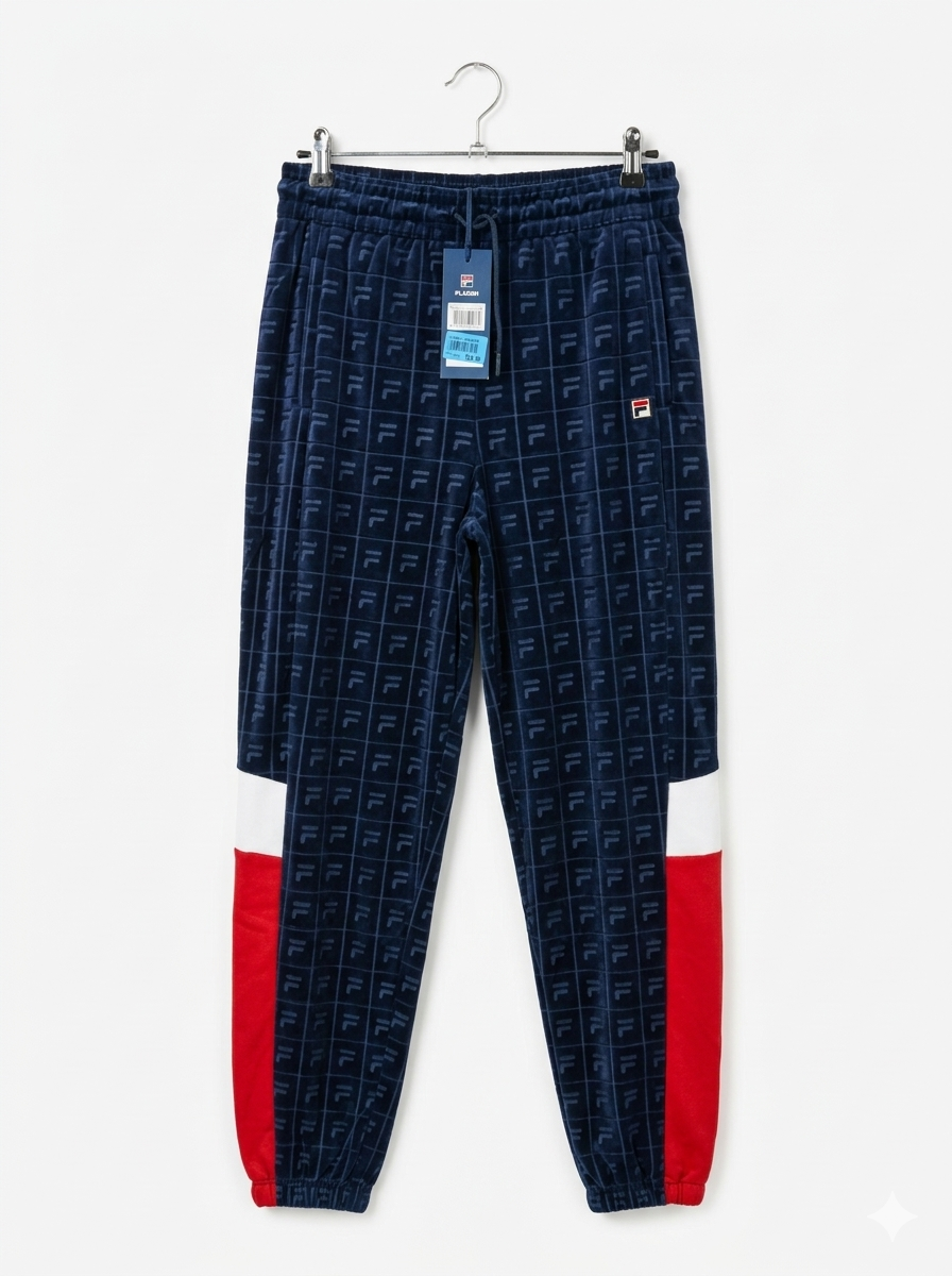 Product Title
FILA Women's Monogram Velour Track Pants – Navy / Red / White Colorblock
