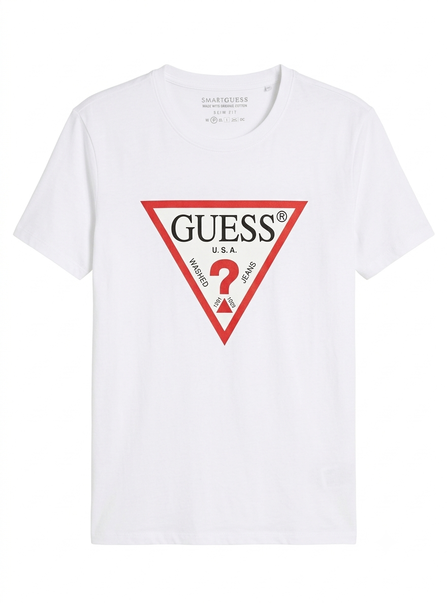 GUESS Signature White Crewneck T-Shirt (White)