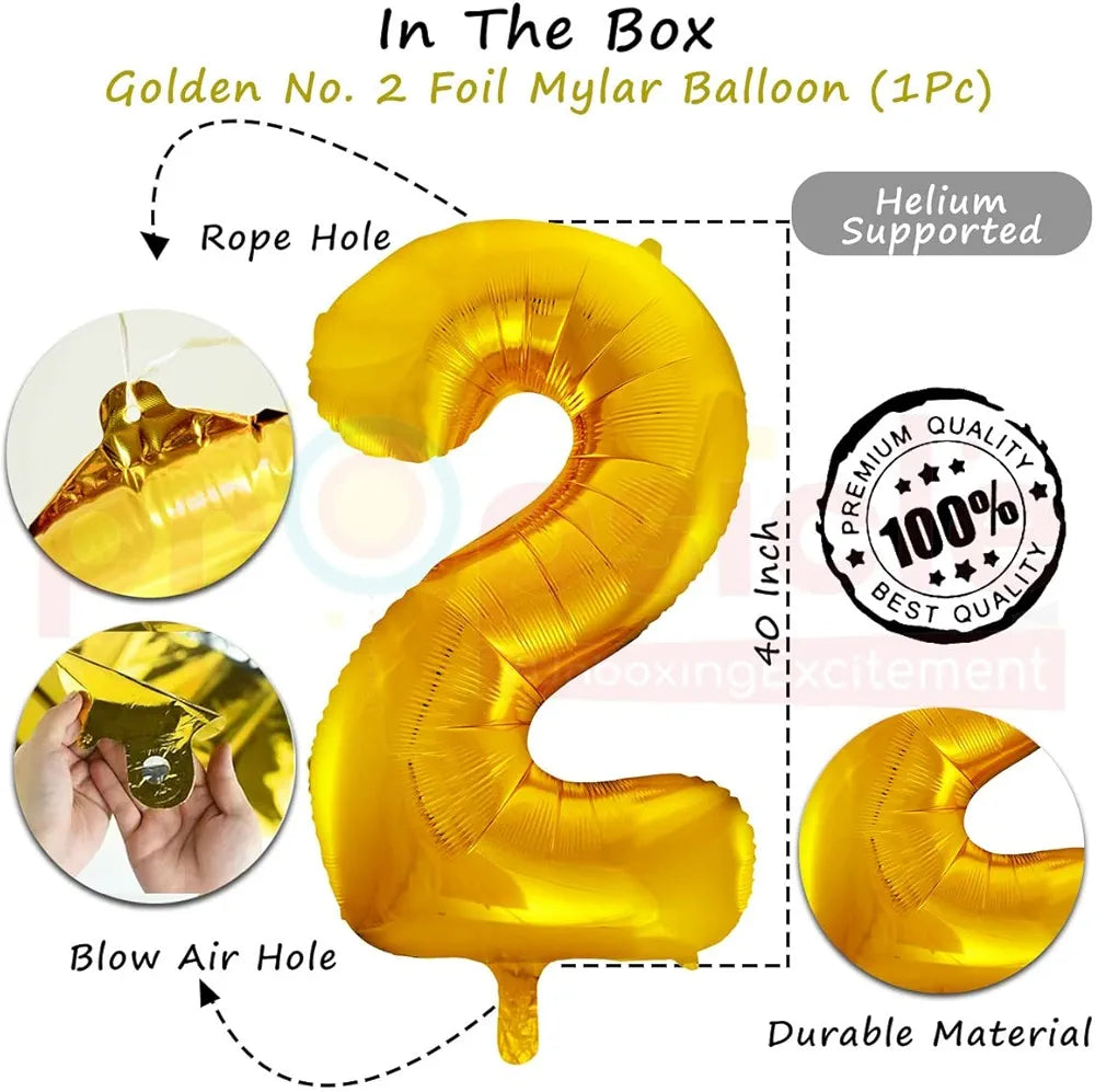 Propsicle 40 inch Birthday Foil 2 Number Helium Balloon Party Decoration Golden Pack of 1 | 2 Year No. Balloons Birthday/Anniversary | Two Number