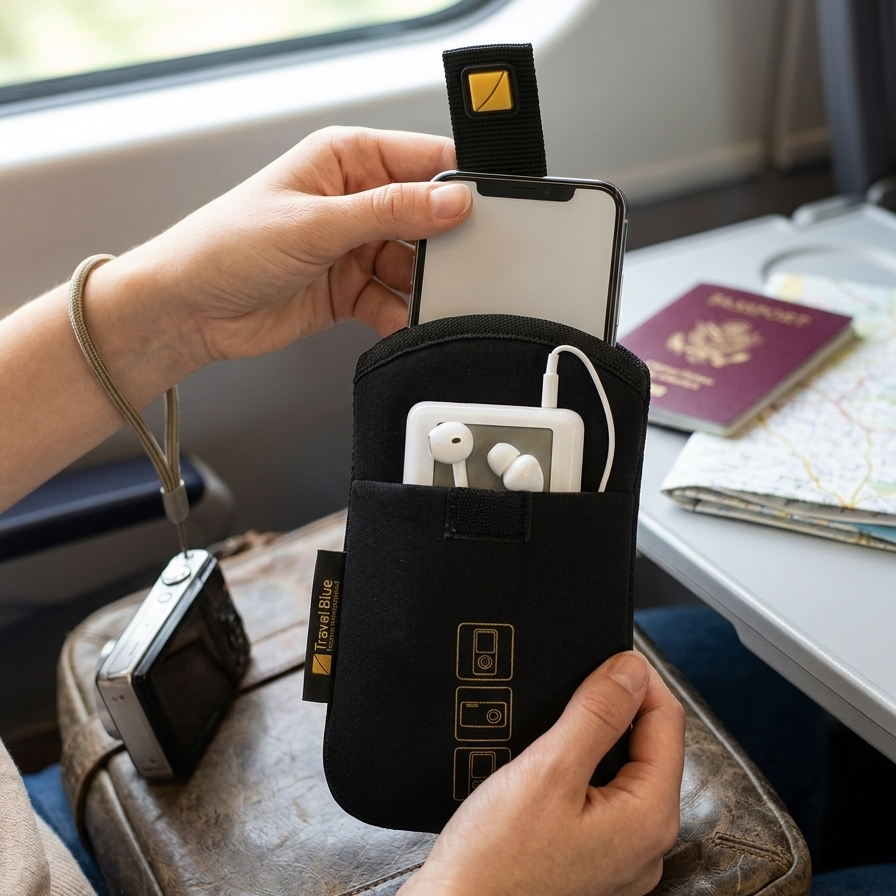 Person holding a black travel organizer with electronic devices on a train seat.