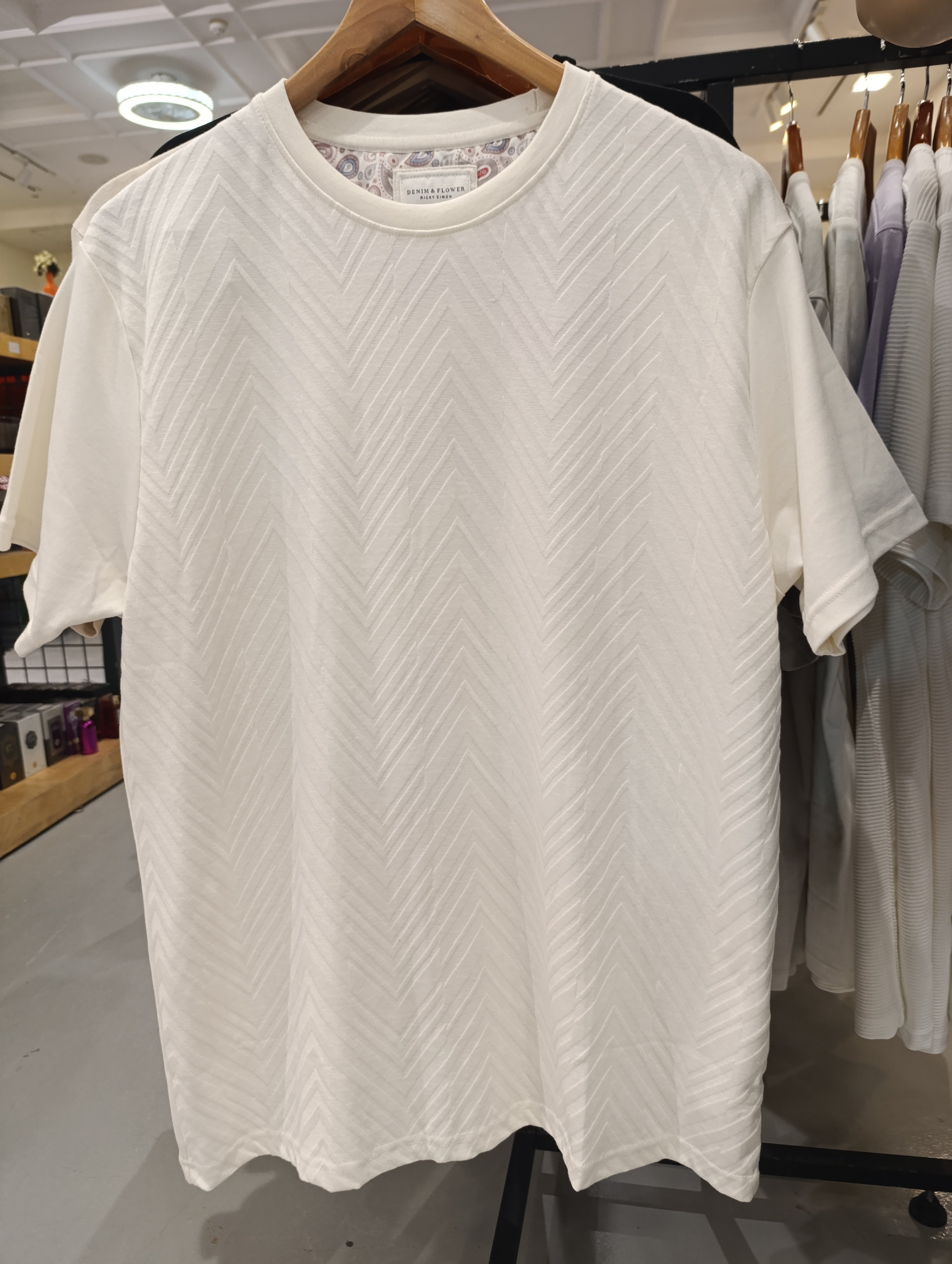 Denim & Flower Ricky Singh White T-Shirt with Elevated Diagonal Line Pattern