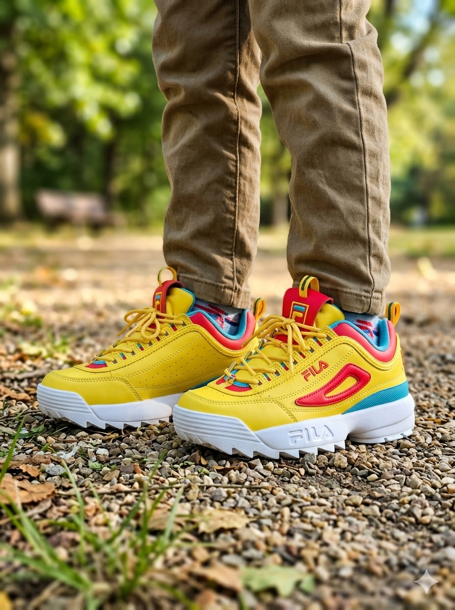 Fila Disruptor II Premium (Niños Grandes) Limón/Rosa Diva/Pescado Azul 5 Kids Shoes (3XM01606-749)
