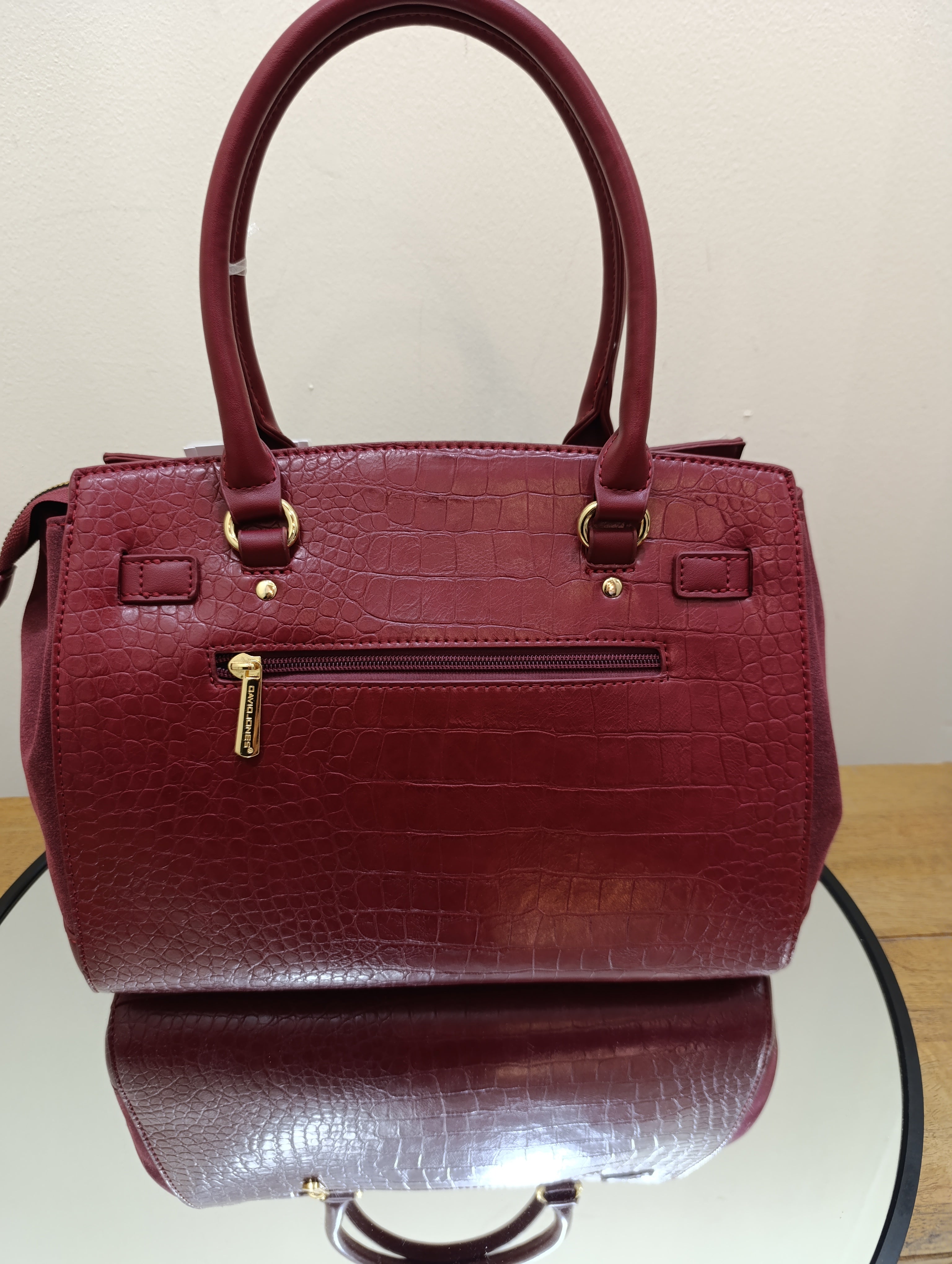 David Jones faux leather satchel handbag crocodile texture - Dark Bordeaux 6859-2