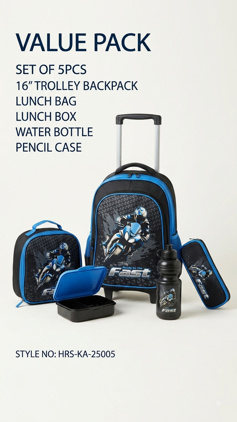 Trolley Backpack Set (5 Pcs) – 16" Racing Motorbike School Bag