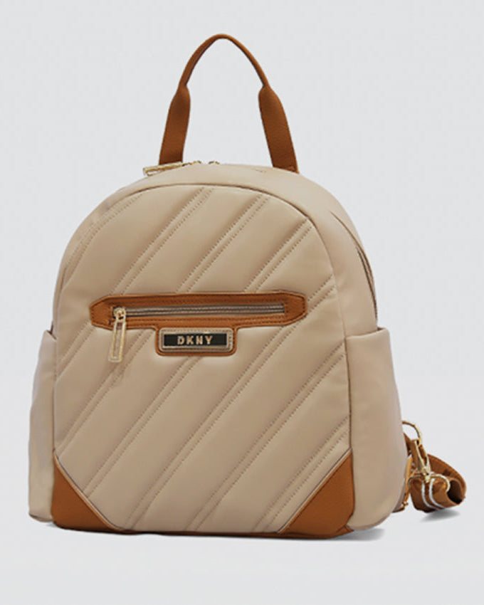 Beige backpack with brown accents and DKNY logo on a light gray background