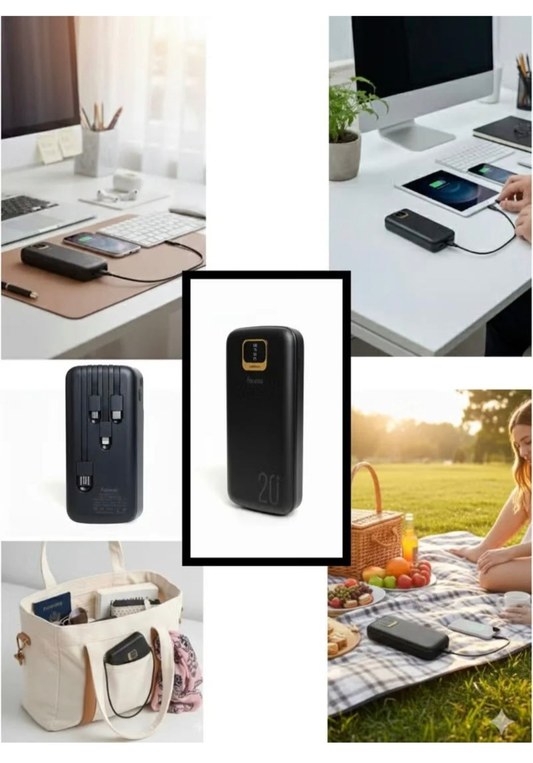 Fonemi 20000mAh Power Bank 22.5W Fast Charging, Built-in 4 Cables (Type-C, Lightning, Micro USB, USB), Digital LED Display, Smart Protection Chip, Dual Input & Multiple Output Portable Charger with Handle, Multi-Device Charging for Outdoor, Home & Office,