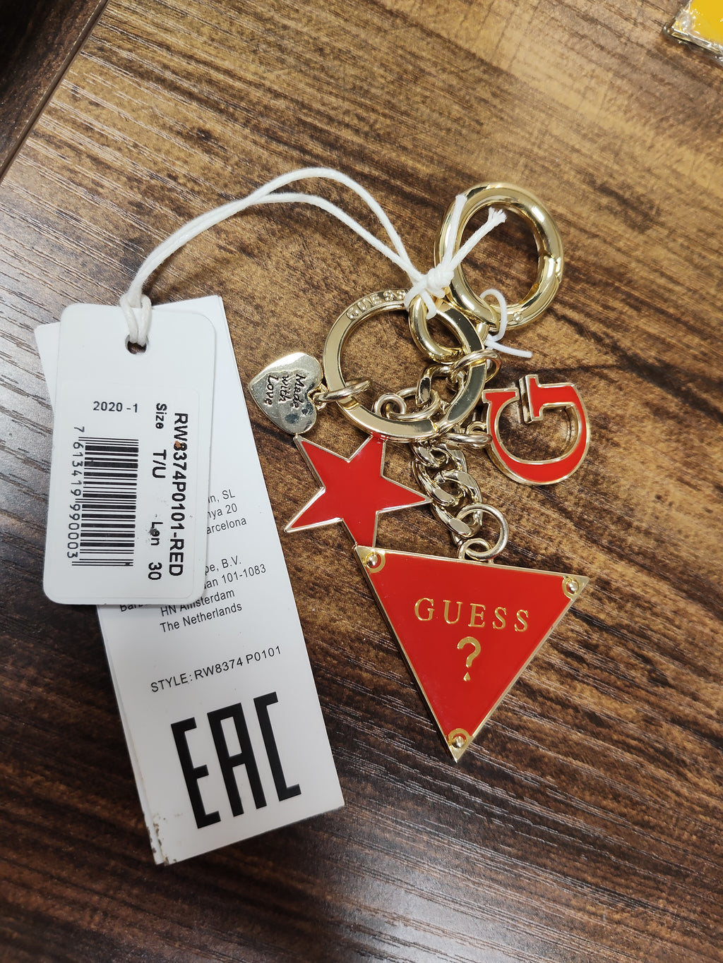 Guess logo keychain With glossy Red enamel triangle pendant and Red-tone