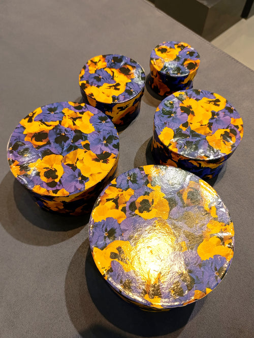5-Piece Floral Nesting Gift Boxes – Yellow & Purple Pansy Print
