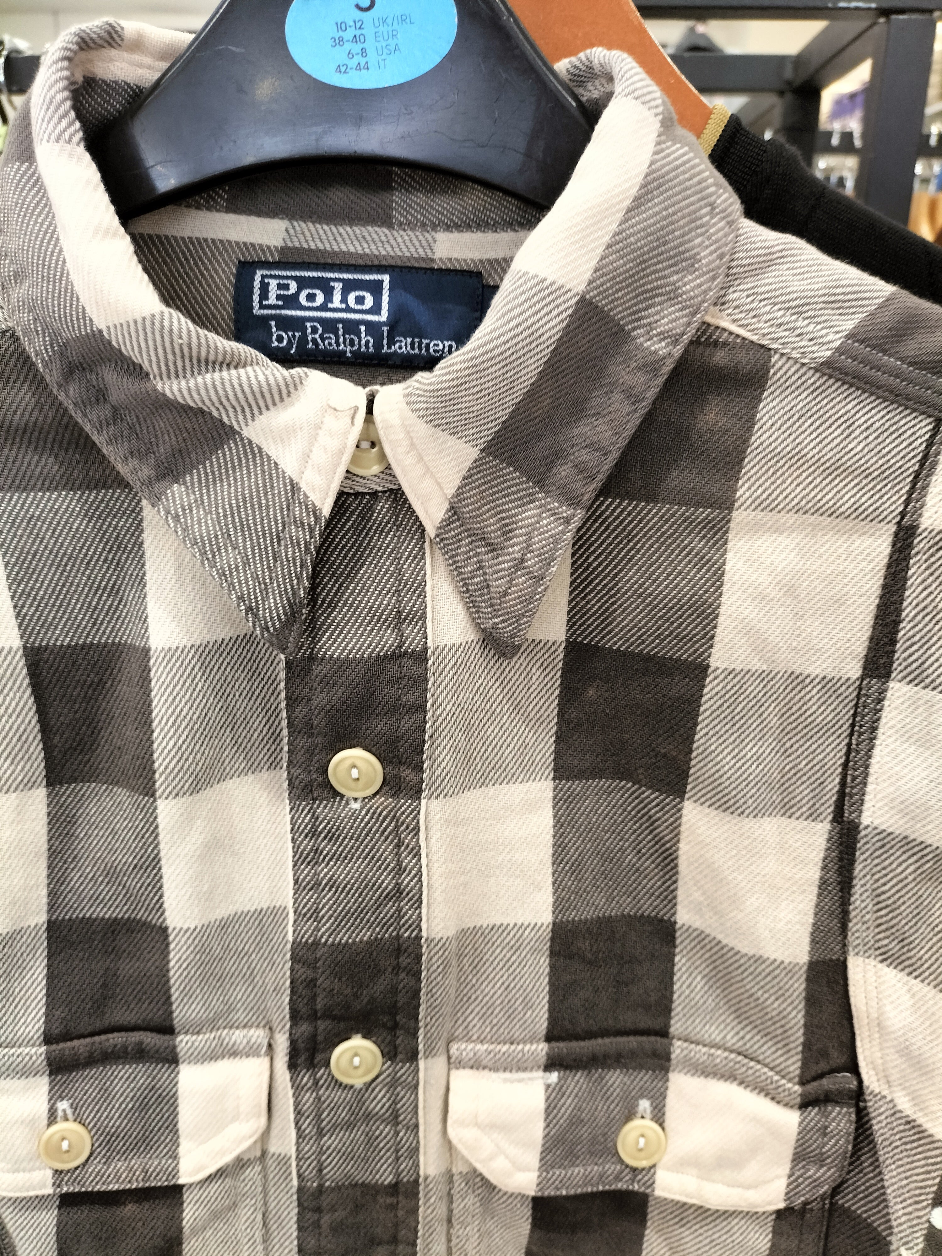 Ralph Lauren Beige Long-Sleeved Polo Shirt with Checkered Pattern
