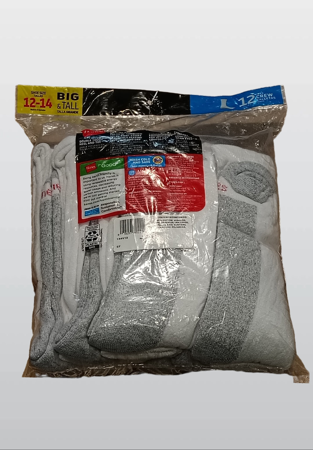 Hanes جوارب رجالية كبيرة وطويلة مبطنة بطول ربع الساق عبوة اقتصادية من 12 زوجًا