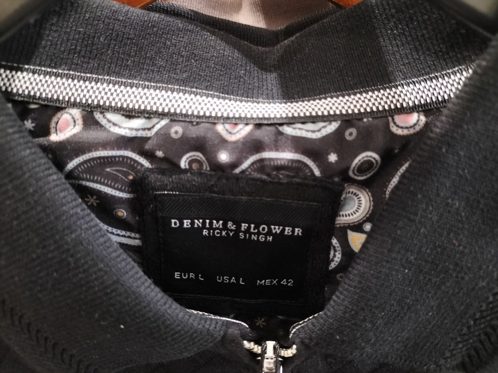 Denim & Flower Ricky Singh Black Polo T-Shirt with Diagonal Rectangle Textures
