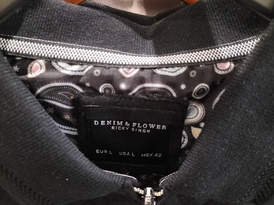 Denim & Flower Ricky Singh Black Polo T-Shirt with Diagonal Rectangle Textures