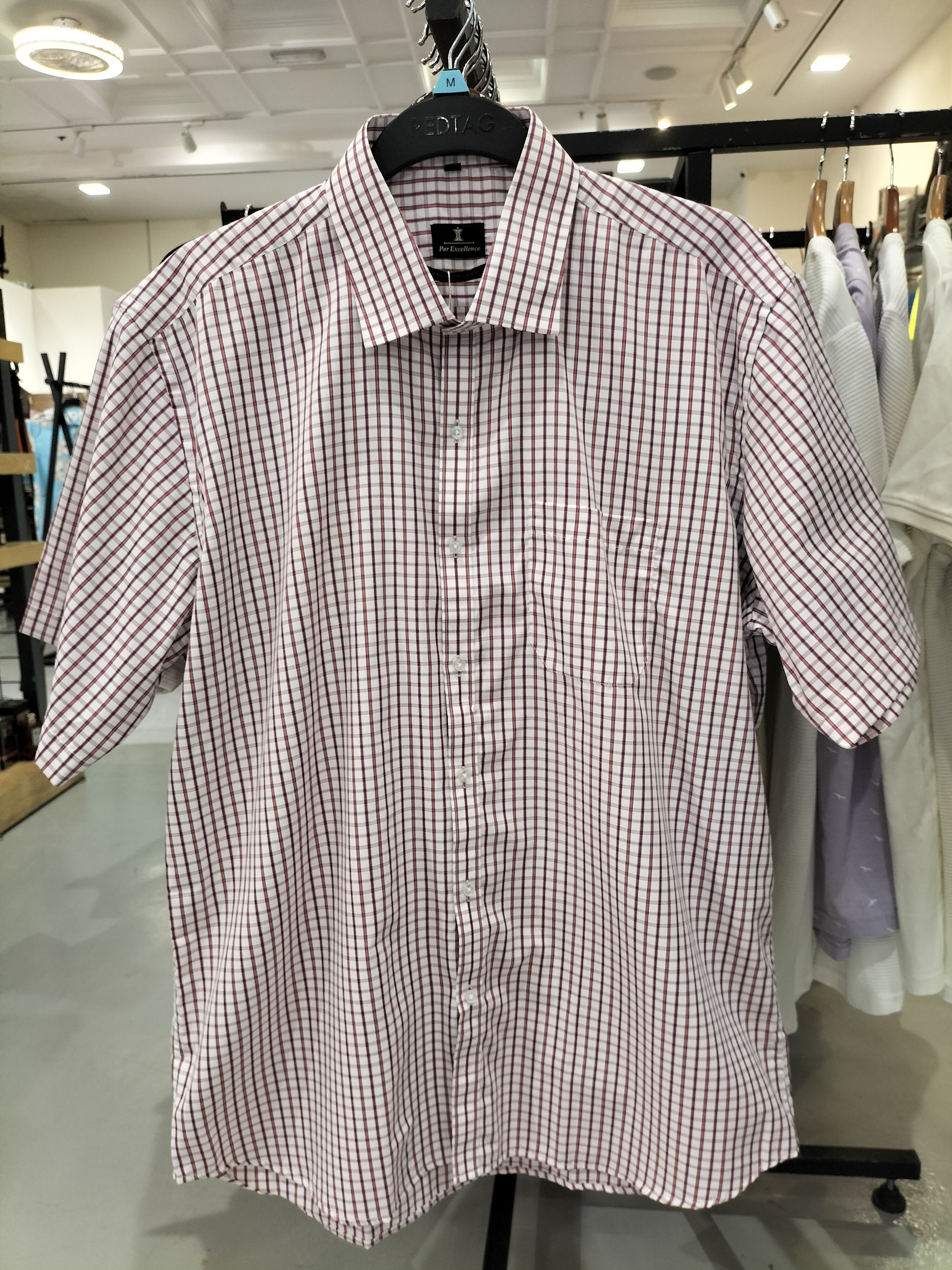 Par Excellence White Dress Shirt with Red Grid Patterns Men