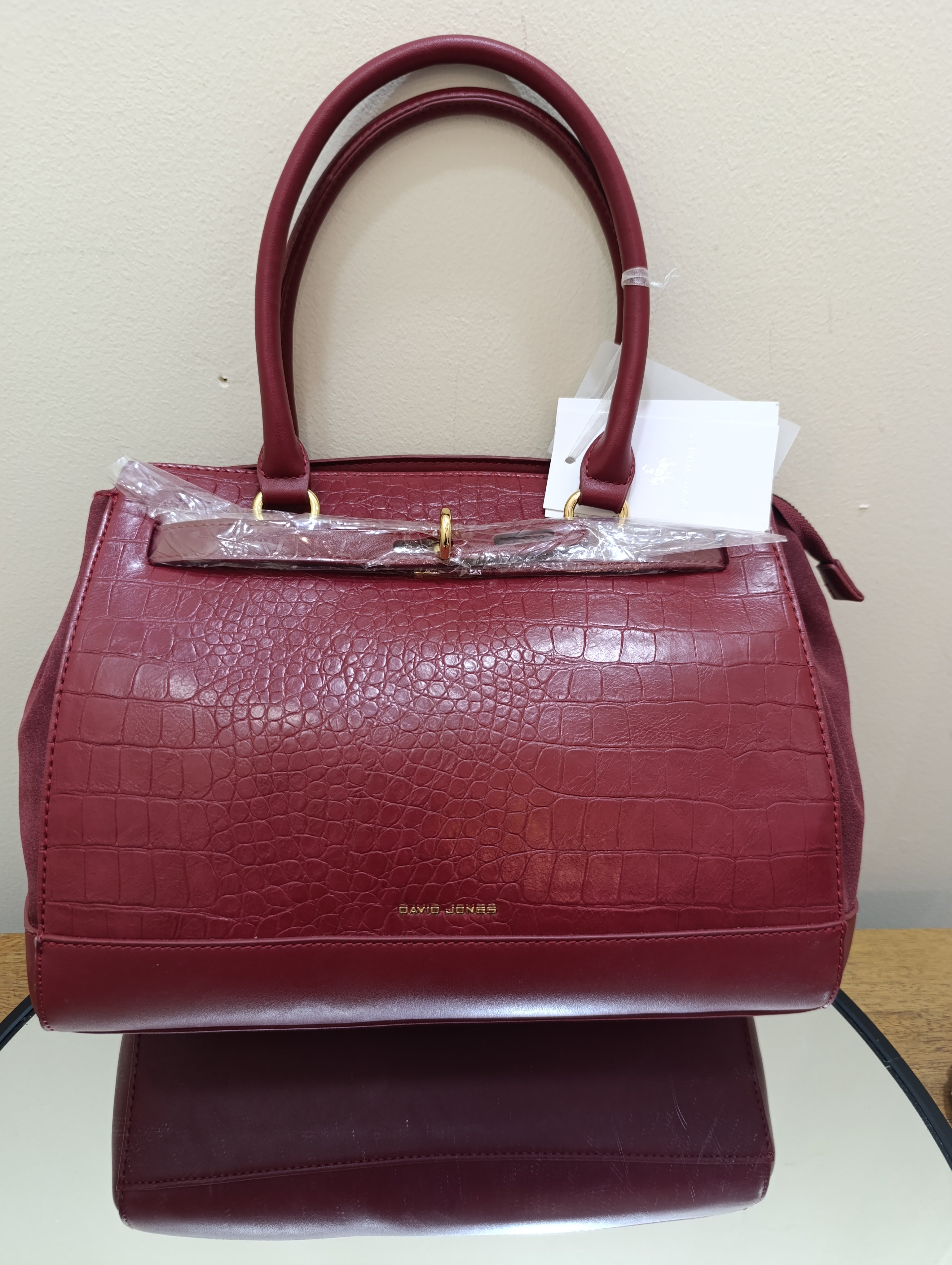 David Jones faux leather satchel handbag crocodile texture - Dark Bordeaux 6859-2