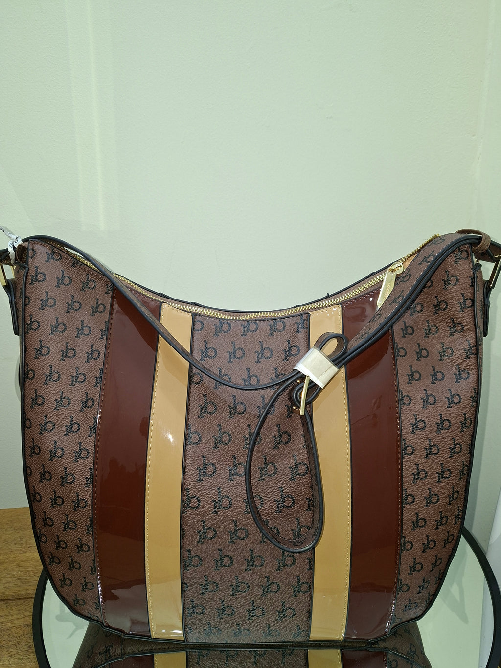 ROCCOBAROCCO womens monogram hobo shoulder bag with patent leather accents -Marrone Tracolla CM 38X35X15