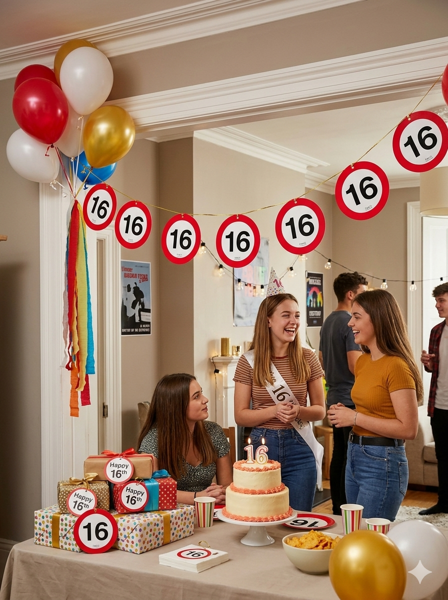 16th Birthday Party Decorations String Hang Sign - Europe Traffic Sign Style