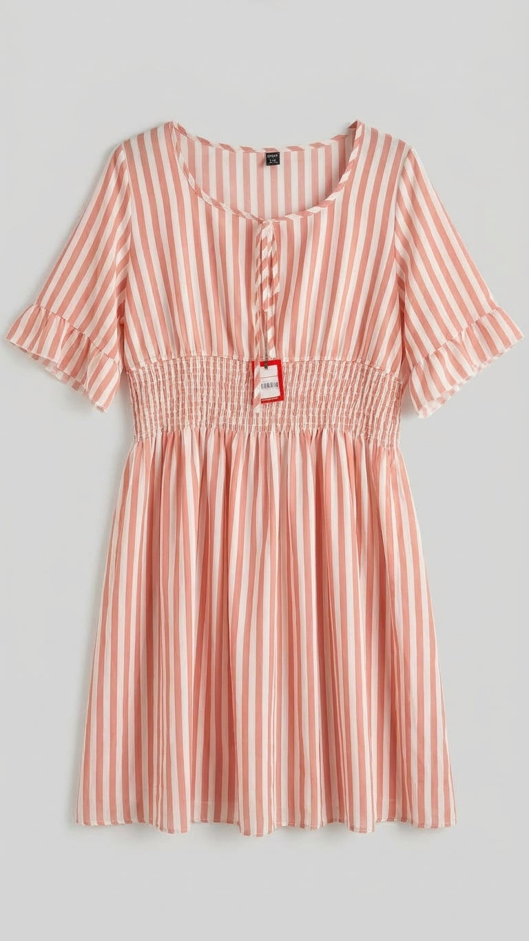 Striped Ruffle Sleeve Dress with Smocked Waist women