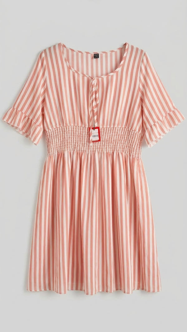 Striped Ruffle Sleeve Dress with Smocked Waist women
