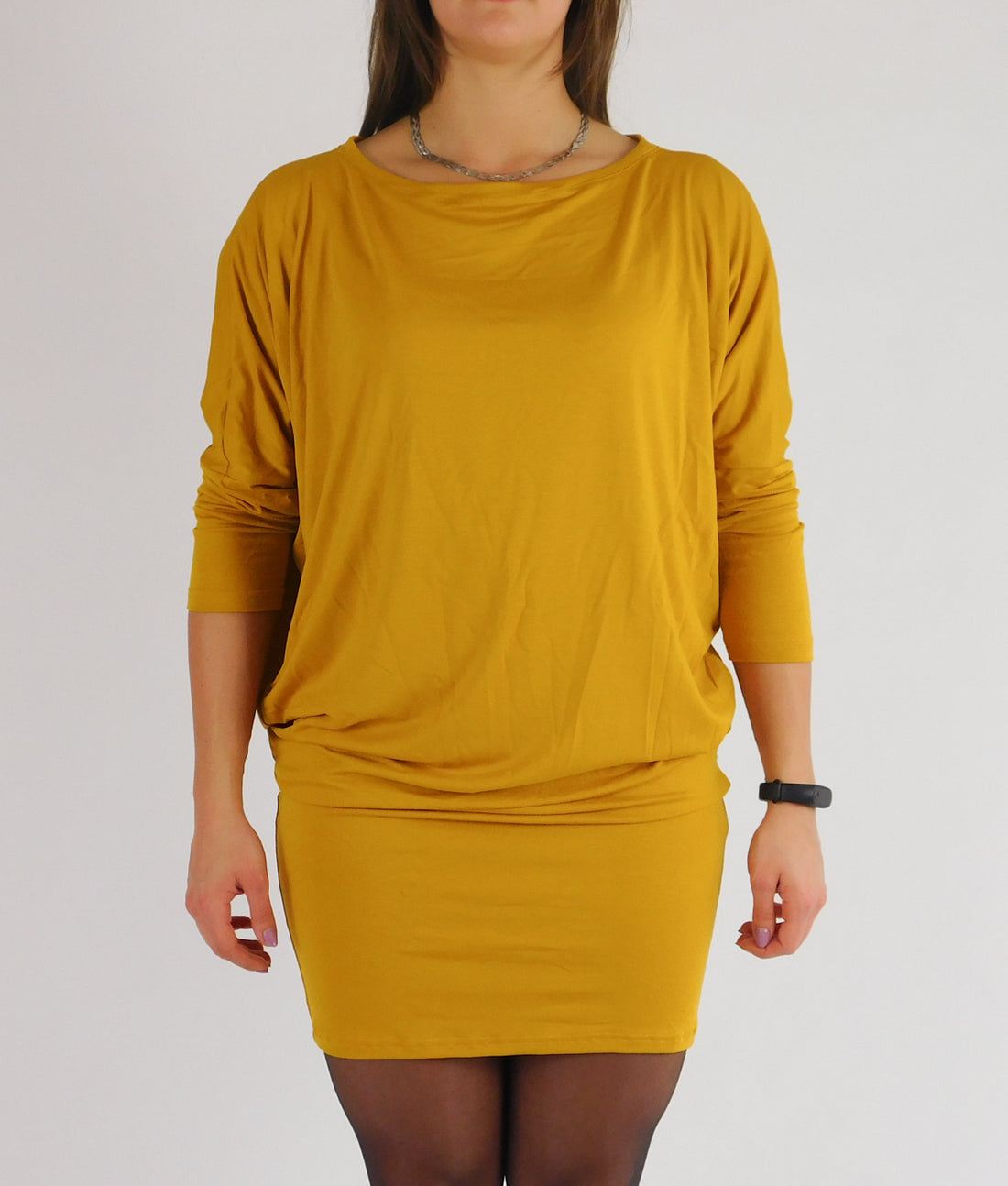Forever21+ plus long-sleeve draped-neck mini  women dress with a gathered waist masterd color