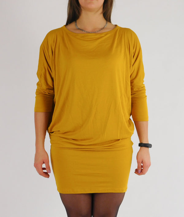 Forever21+ plus long-sleeve draped-neck mini  women dress with a gathered waist masterd color