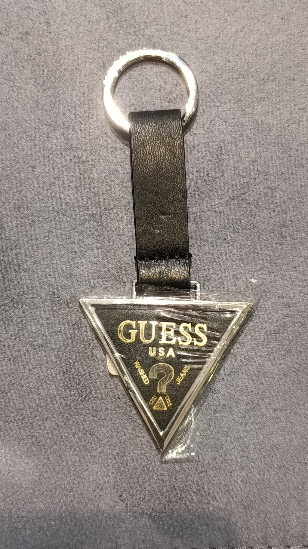 GUESS Logo Triangle Keychain with Leather Strap