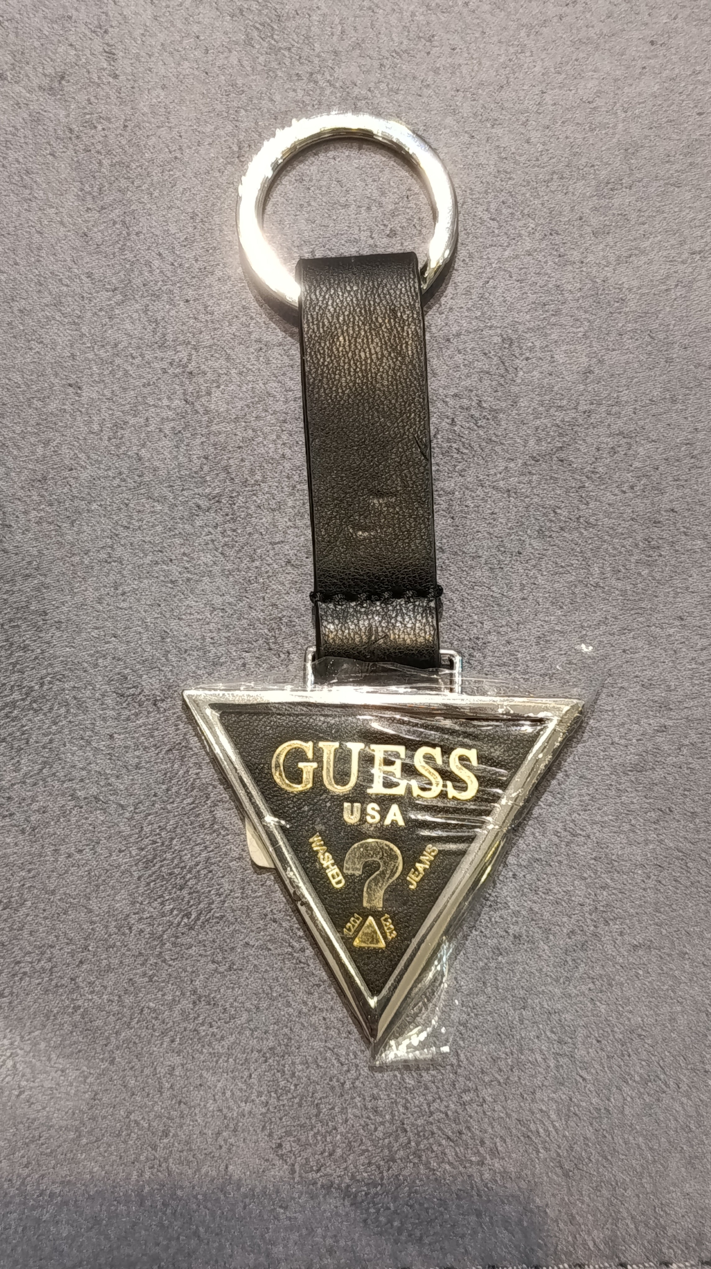 GUESS Logo Triangle Keychain with Leather Strap
