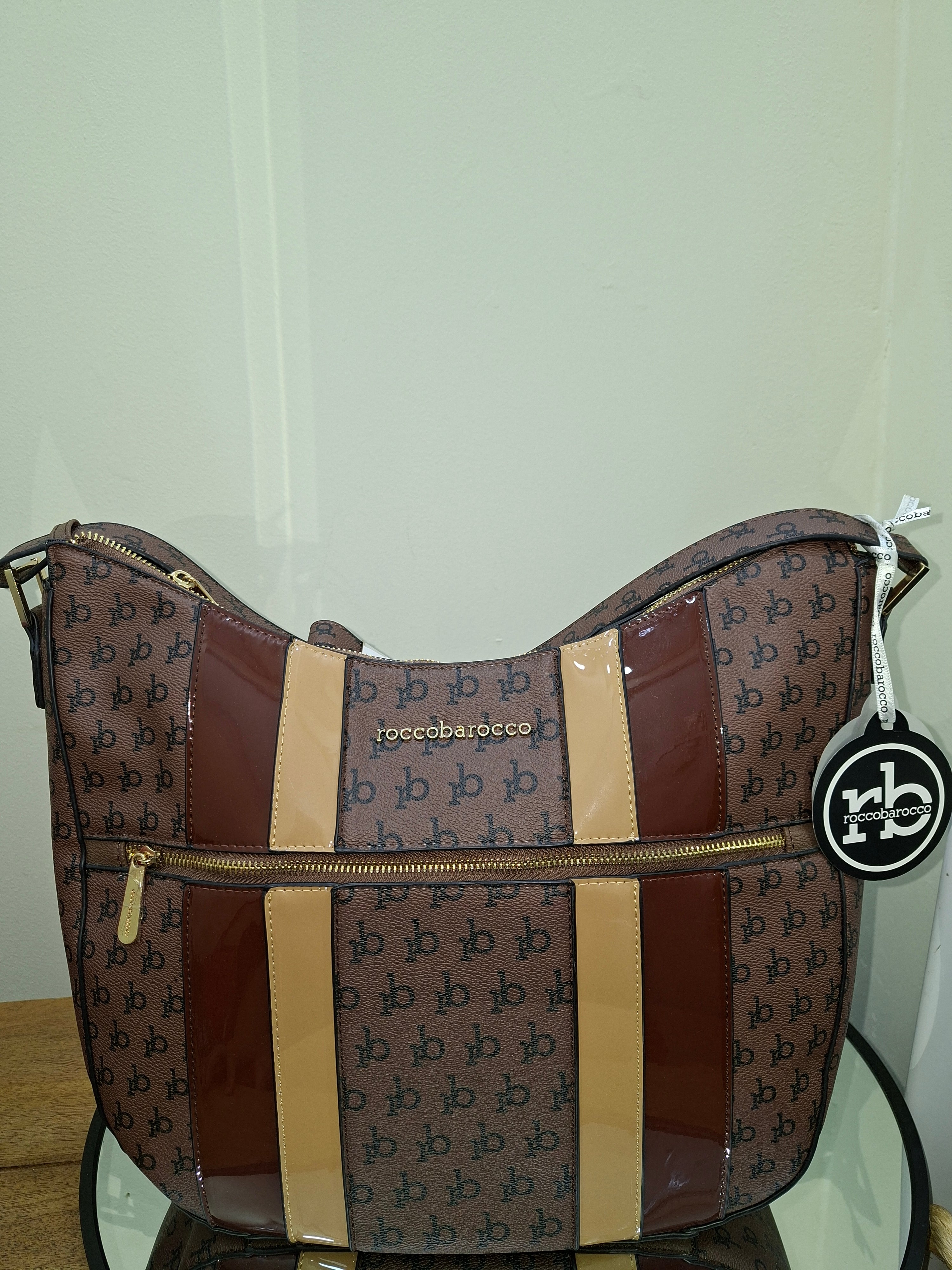 ROCCOBAROCCO womens monogram hobo shoulder bag with patent leather accents -Marrone Tracolla CM 38X35X15