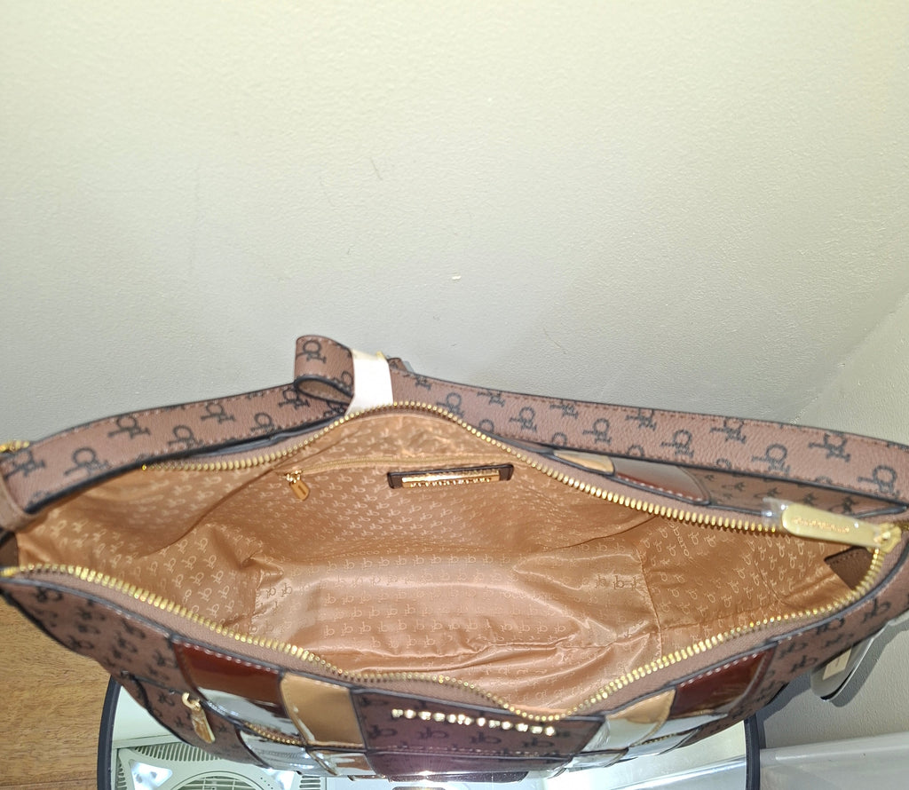ROCCOBAROCCO womens monogram hobo shoulder bag with patent leather accents -Marrone Tracolla CM 38X35X15