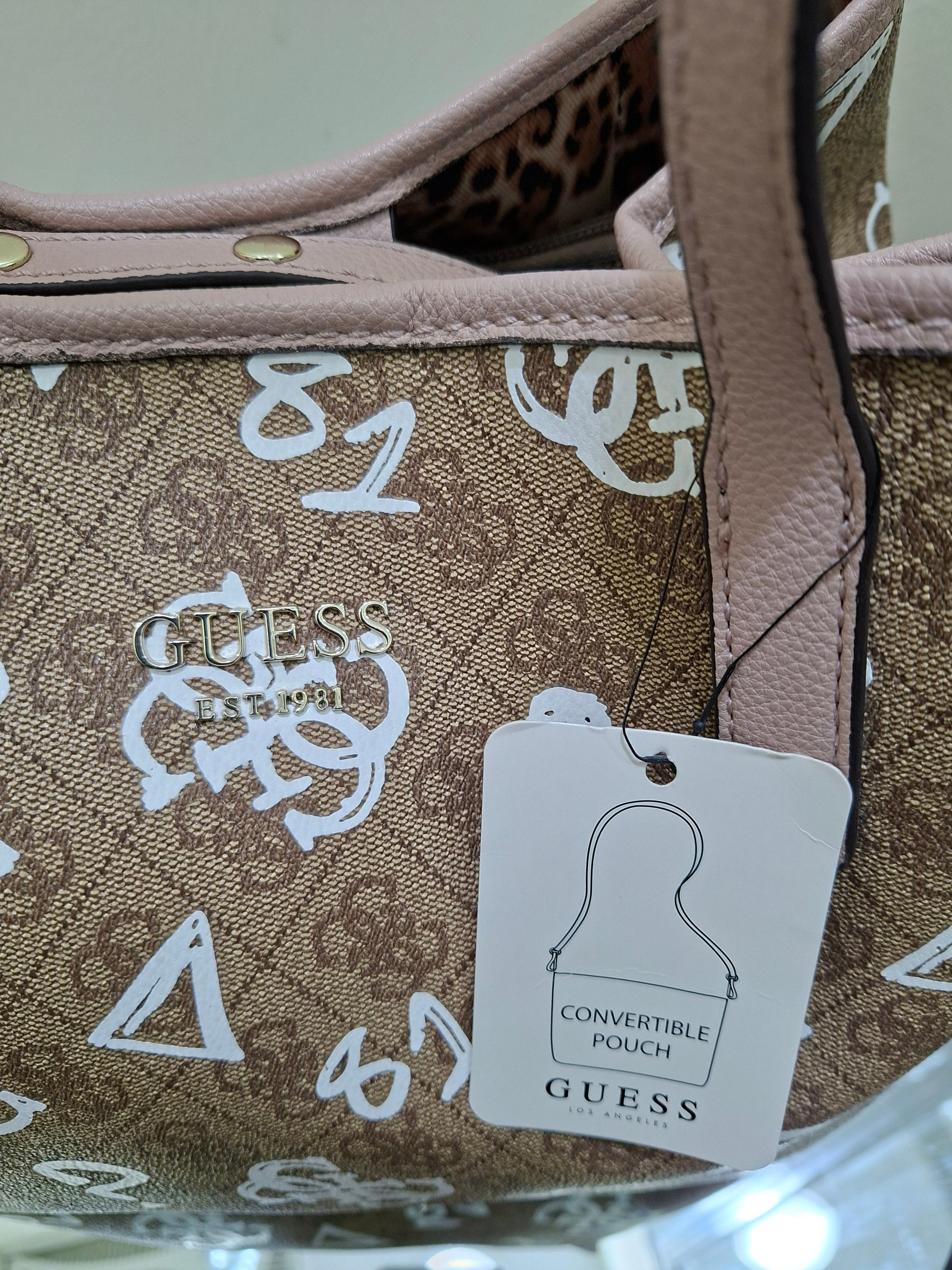 GUESS WOMENS VIKKY LOGO LARGE CAPACITY SHOULDER TOTE BAG - Brown multi GB699523