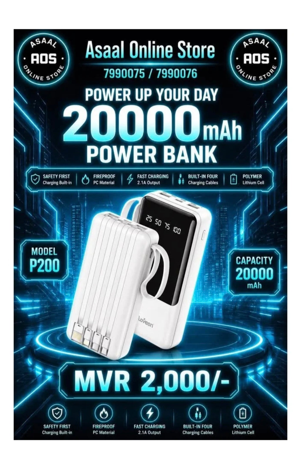 Lovesn P200 20000mAh Power Bank, a portable charger featuring an LED battery percentage display and four built-in charging cables