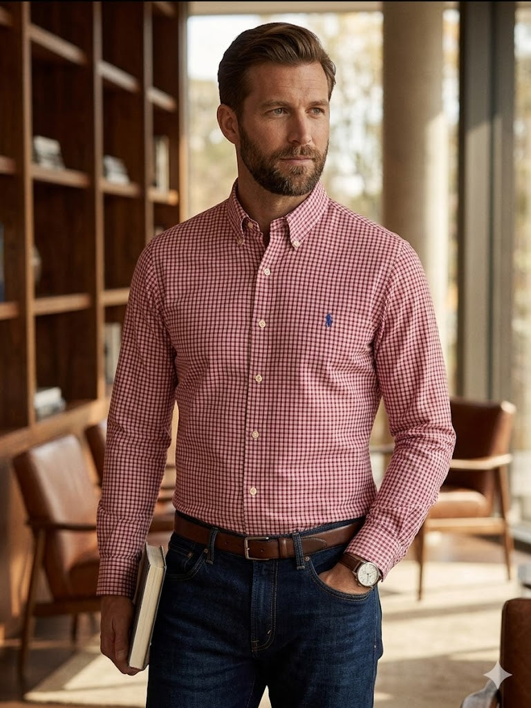 Polo Ralph Lauren men Classic Fit Button-Down Longsleeve - 'Checkered Pink' Blue Logo