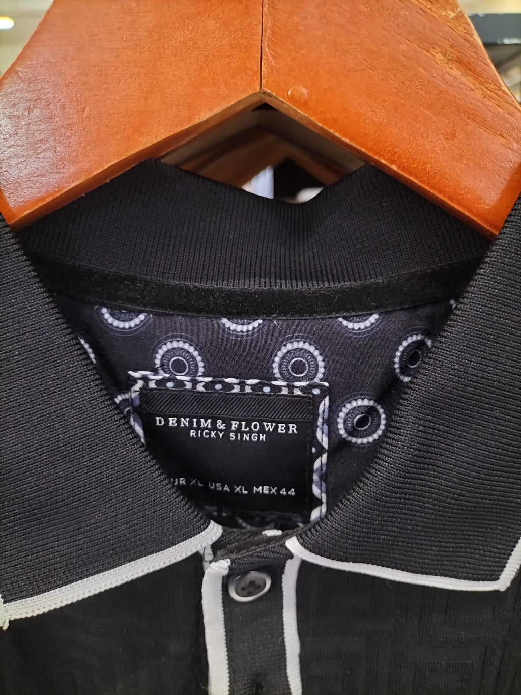 Denim & Flower Ricky Singh Black Polo T-Shirt with Angled Line Textures