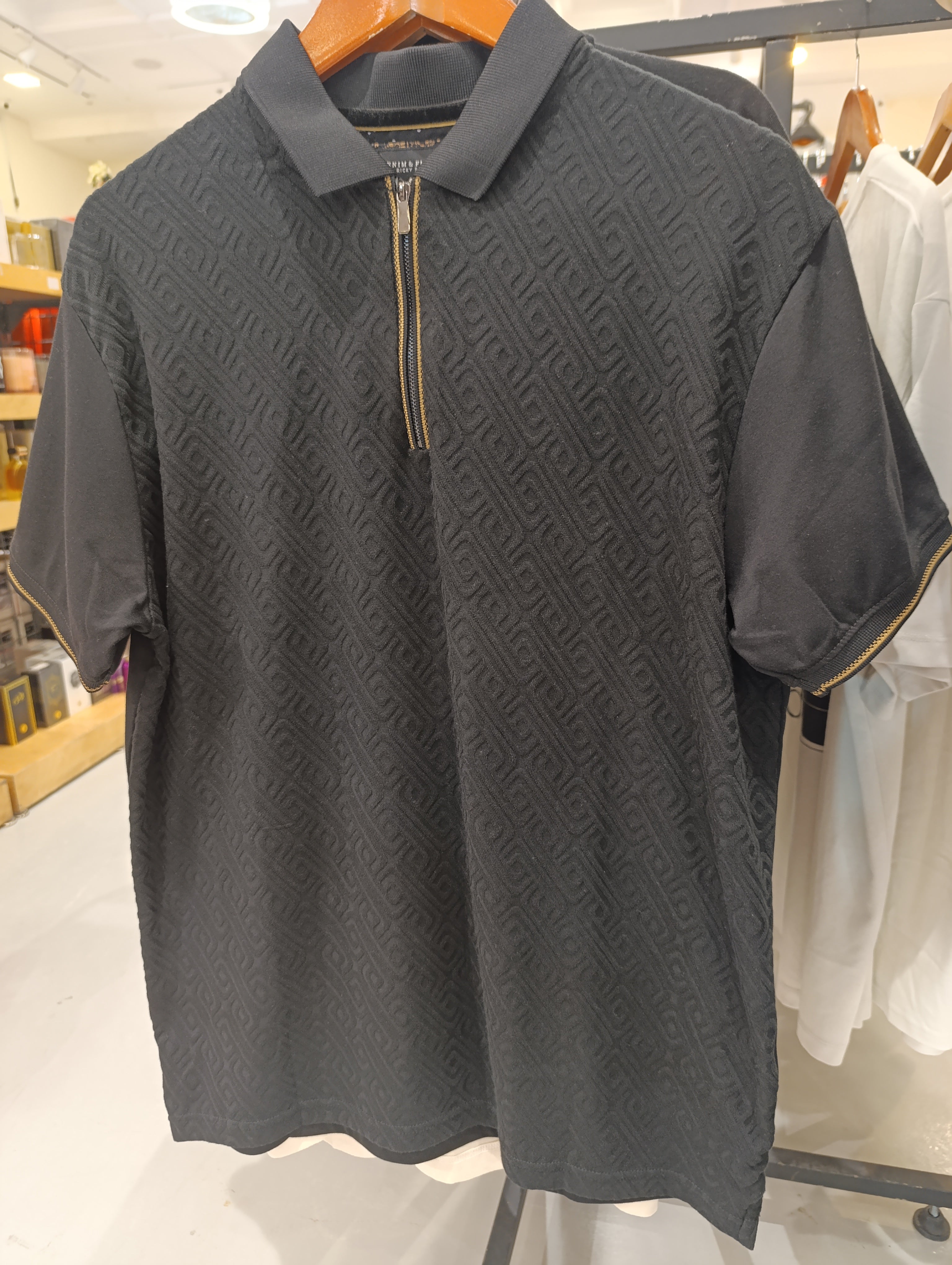 Denim & Flower Ricky Singh Black Polo Shirt with Square Spiral Textures