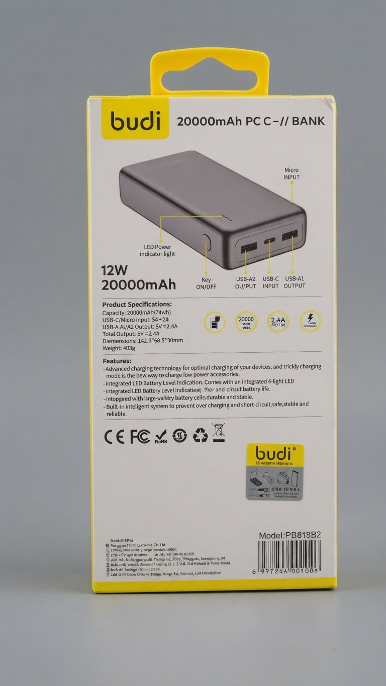 budi Power Bank  20000mAh – Portable Fast Charger (2.4A)  77wh