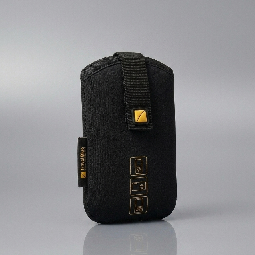 Black phone case with gold accents on a gray background