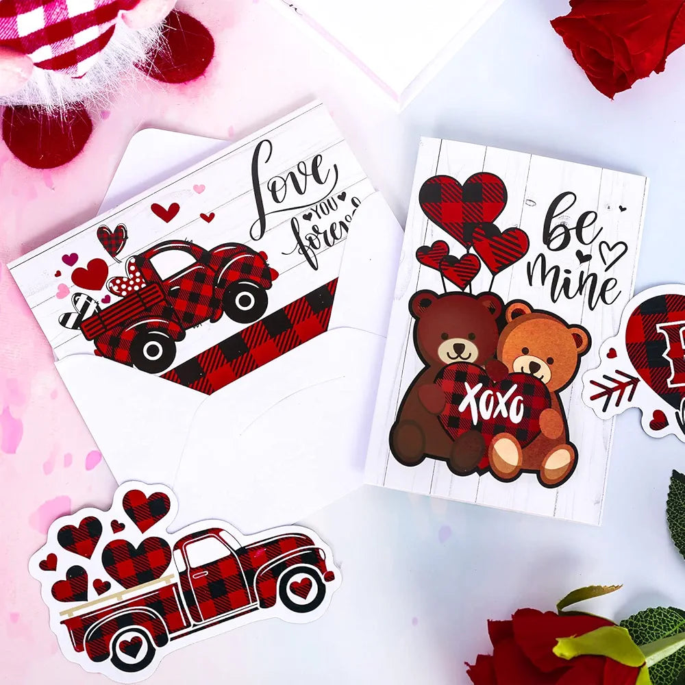 Whaline 30 Pack Valentine's Day Cards Kit - Red Black Plaid Greeting Cards - (WH6422)