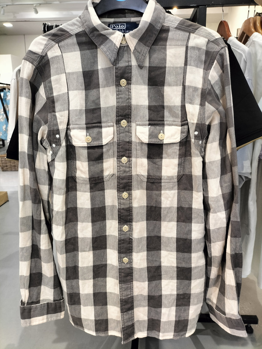 Ralph Lauren Beige Long-Sleeved Polo Shirt with Checkered Pattern