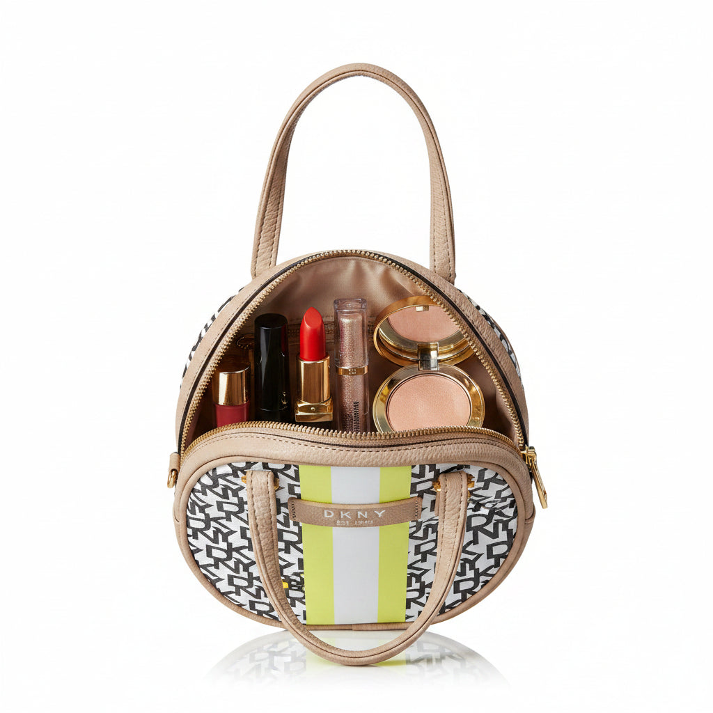 DKNY Signature Stripe Original Circle cosmetic bag with a yellow and white logo strap - Black White Yellow DA010SS3