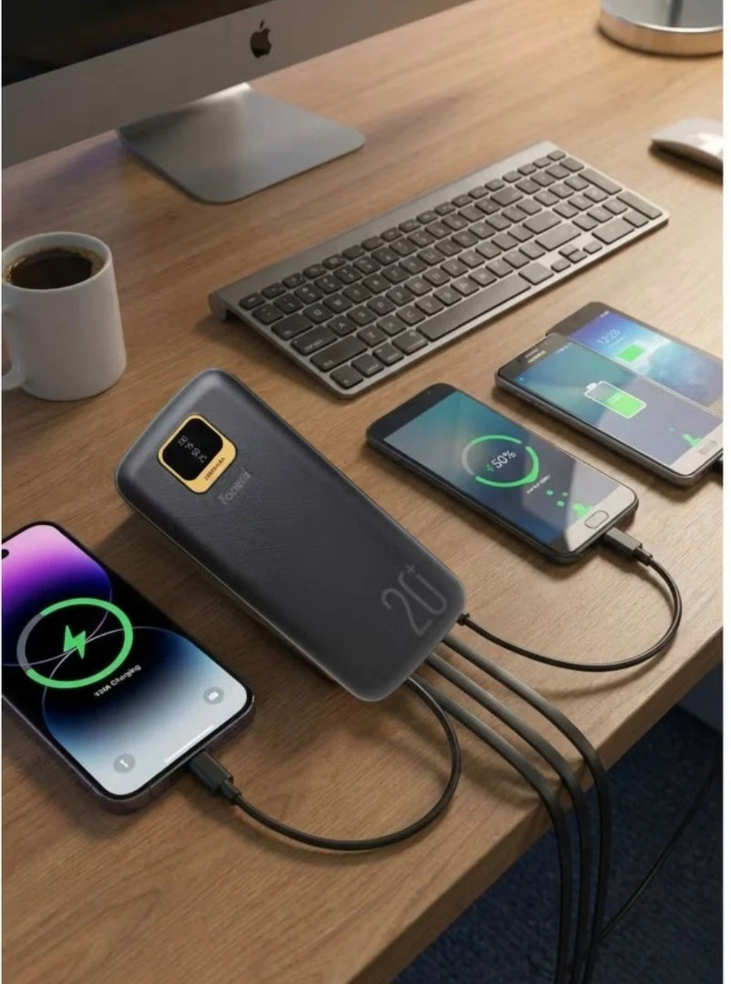 Fonemi 20000mAh Power Bank 22.5W Fast Charging, Built-in 4 Cables (Type-C, Lightning, Micro USB, USB), Digital LED Display, Smart Protection Chip, Dual Input & Multiple Output Portable Charger with Handle, Multi-Device Charging for Outdoor, Home & Office,