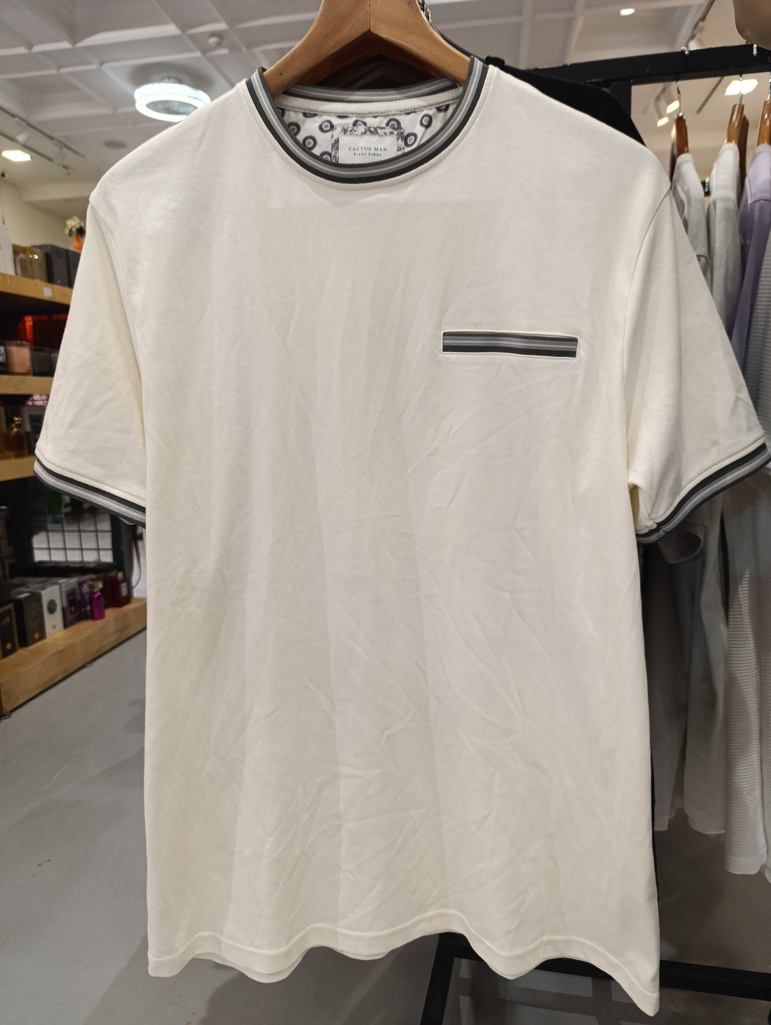 Cactus Man Ricky Singh White T-Shirt with Chest Gray Line
