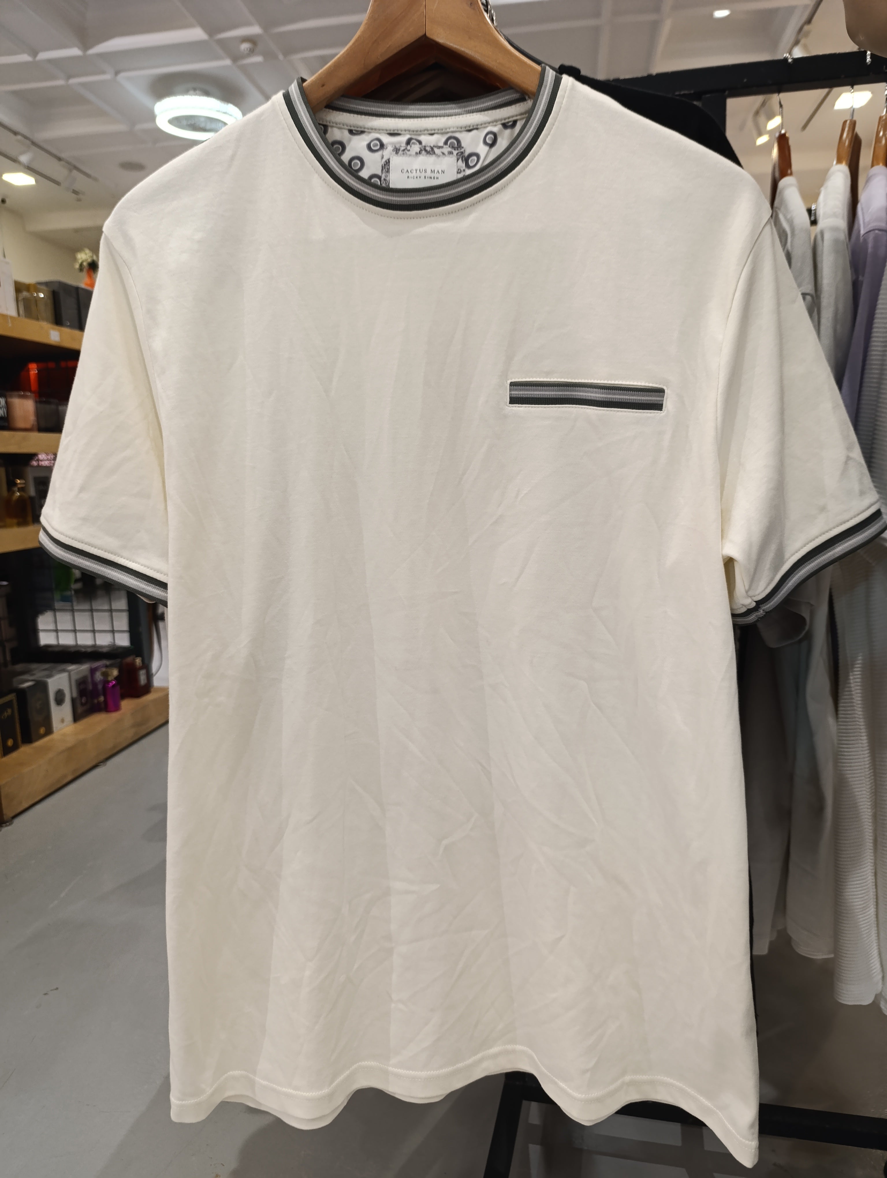 Cactus Man Ricky Singh White T-Shirt with Chest Gray Line