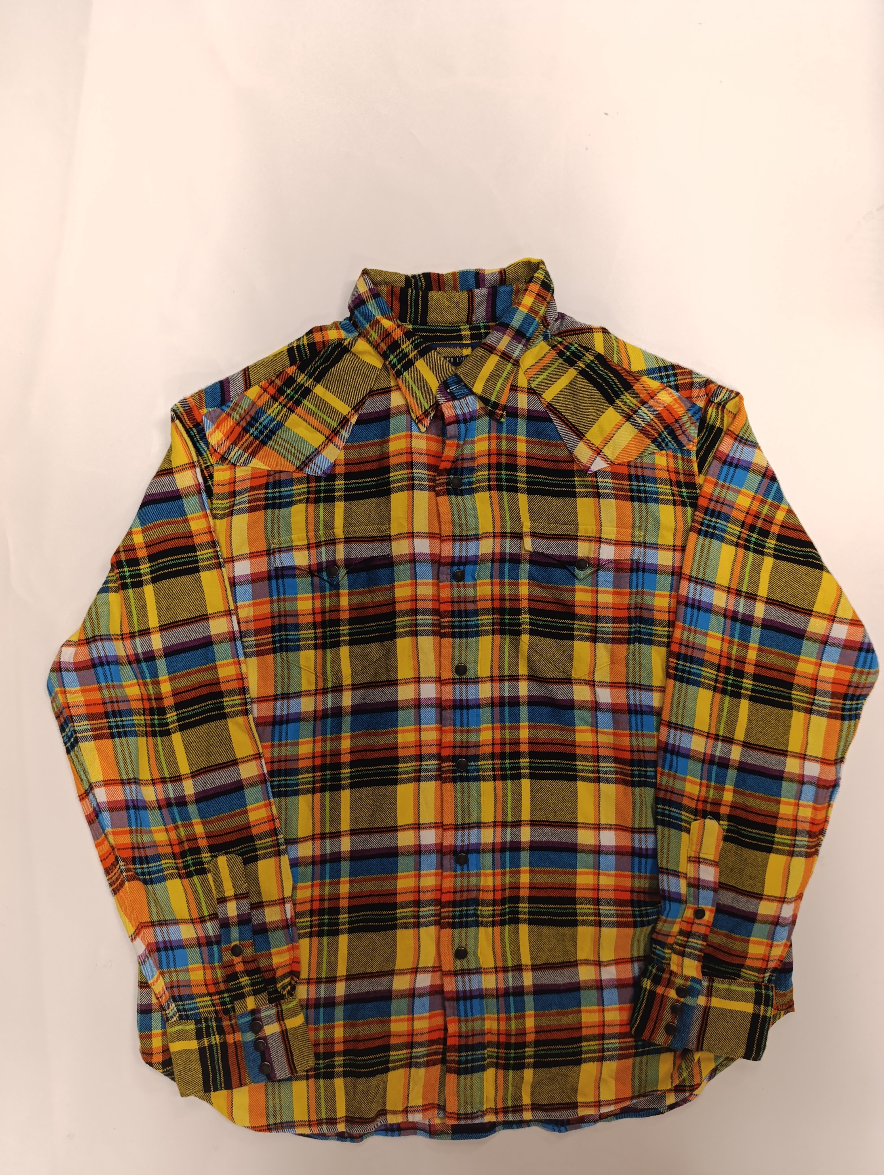 POLO RALPH LAUREN قميص فلانيل رجالي ناعم ملون بأزرار كبس من عرق اللؤلؤ باللون الأسود مقاس XL / TG