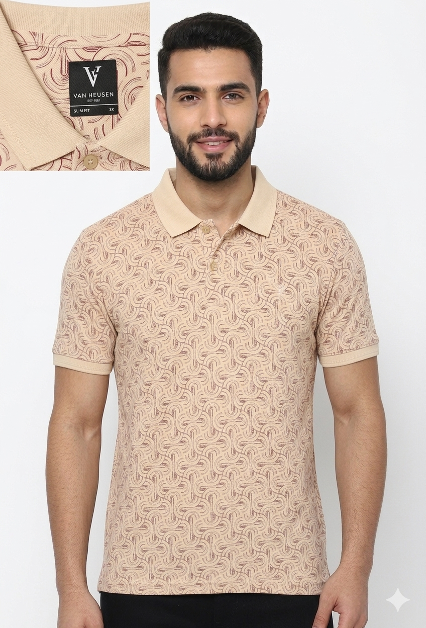 Van Heusen Men's Beige Slim Fit Printed Polo Collar T-Shirt