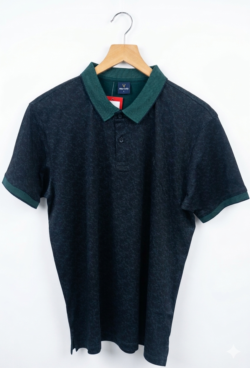 Allen Solly Men's Premium Slim-Fit Patterned Polo Shirt – Deep Navy & Forest Green